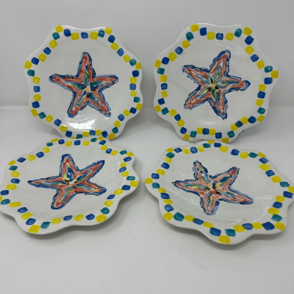 Lively Hand-Crafted Pottery Starfish Plates, 8 3/4" Set of 4, One of a Kind-READ